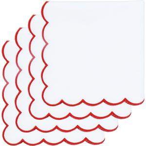 PurpleEssences Scalloped Embroidery Cloth Napkins Table Decor Spring Summer Easter 100% Cotton Set of 4-18 x 18 inch - White - Edges - Red