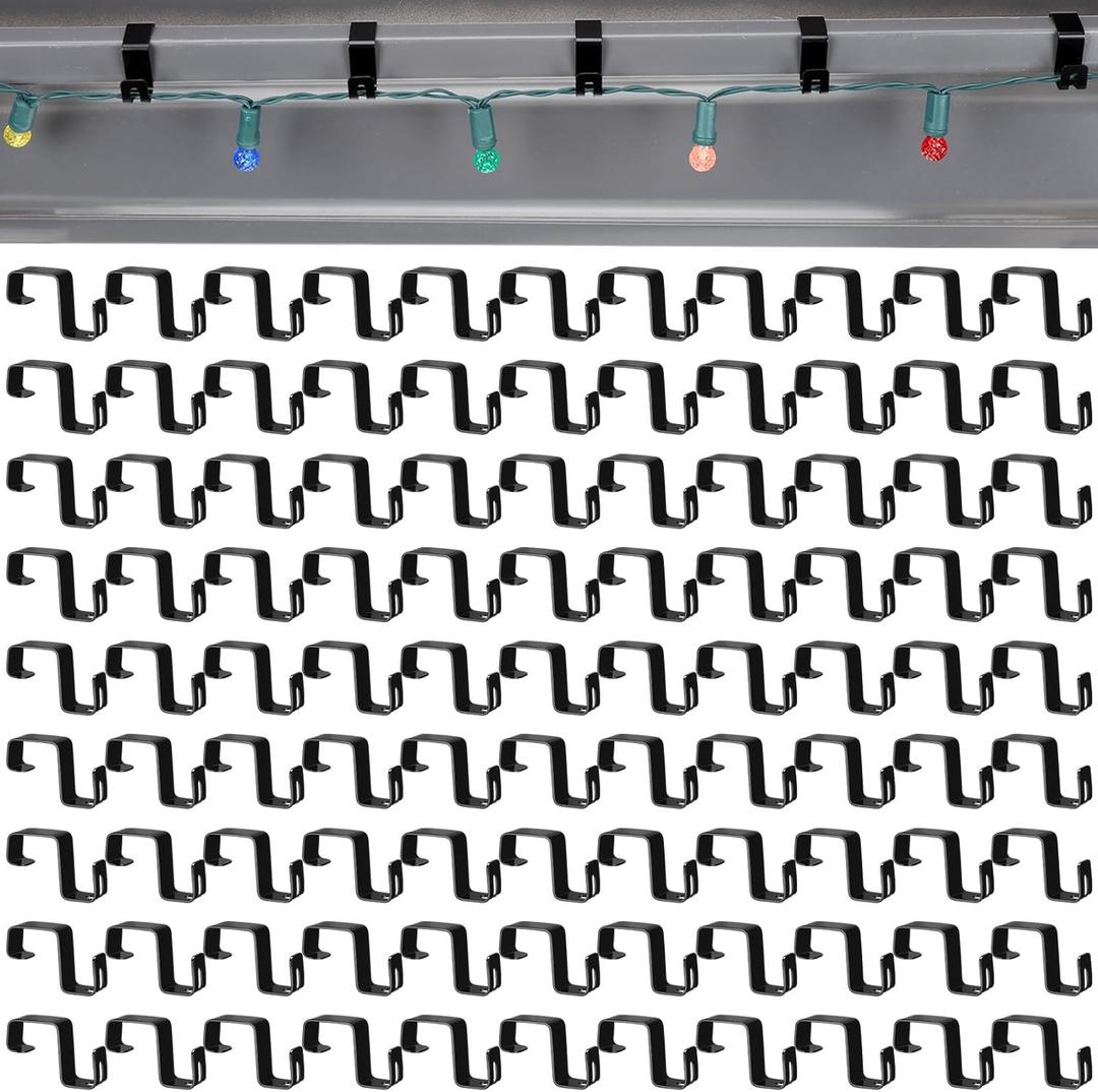100 Pcs Gutter Clips for Hanging Outdoor Lights Aluminum Gutter Hooks Weatherproof Christmas String Light Hangers for Holiday Halloween Xmas Decoration (Black)