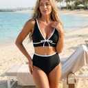 ZAFUL Womens High Waisted Bikini Sets Sexy V Neck Two Piece Swimsuit Cute Bow Ruched Bathing Suit (Black, L)