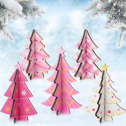 Bucherry 5 Pcs Pink Wooden Christmas Trees Tabletop Decorations Rustic 3D Christmas Trees Xmas Centerpieces Farmhouse Table Wooden Signs for Xmas Winter Farmhouse Home Tiered Tray Decor, Set of 3