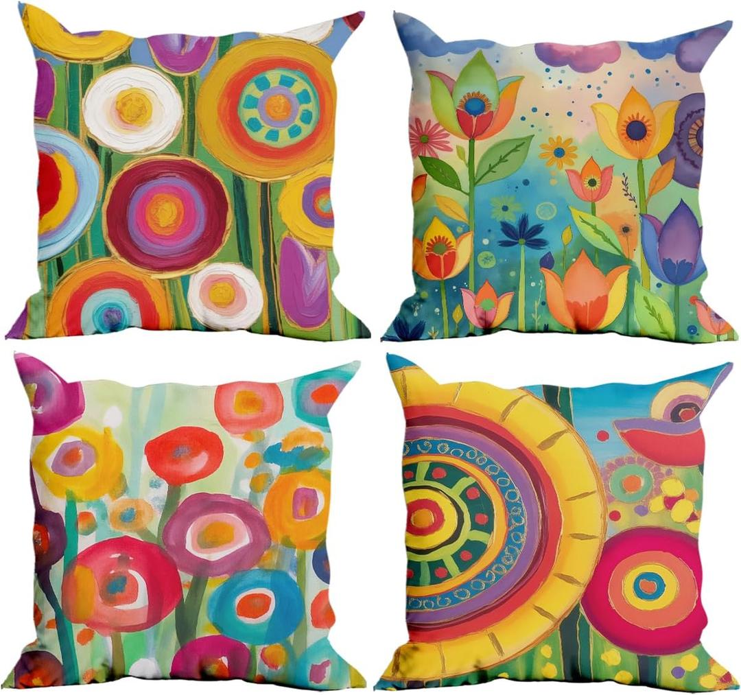 4 Pack Fashion Colorful Floral Decor 18x18 Pillow Cover, Throw Pillow Covers, Decorative Couch Pillow Covers, Abstract Flower Decor Pillowcase for Sofa Bedroom Bed Office Car Seat Living Room