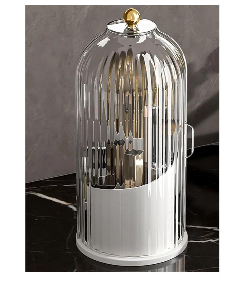 360°Rotating Makeup Brushes holder with Lid，Make Up Organizers and Storage for Vanity Countertop or Bedroom Dress（Transparent white）