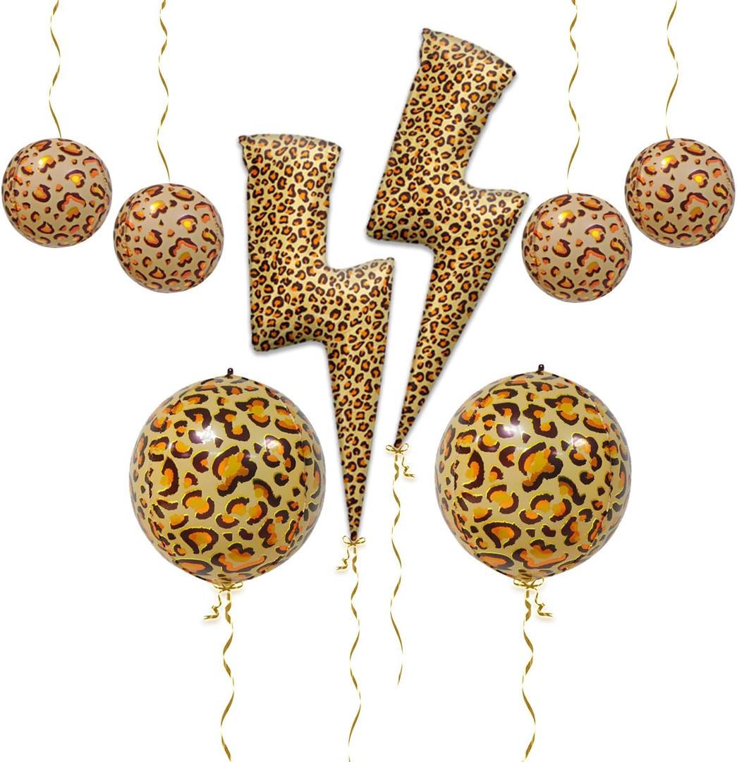 8pcs 4D Leopard Print Aluminum Foil Balloons Set Cheetah Gold Ribbon Wild One Jungle Animal Decorations for Safari Theme Wild One Cheetah Zoo Theme Leo Birthday Party Supplies