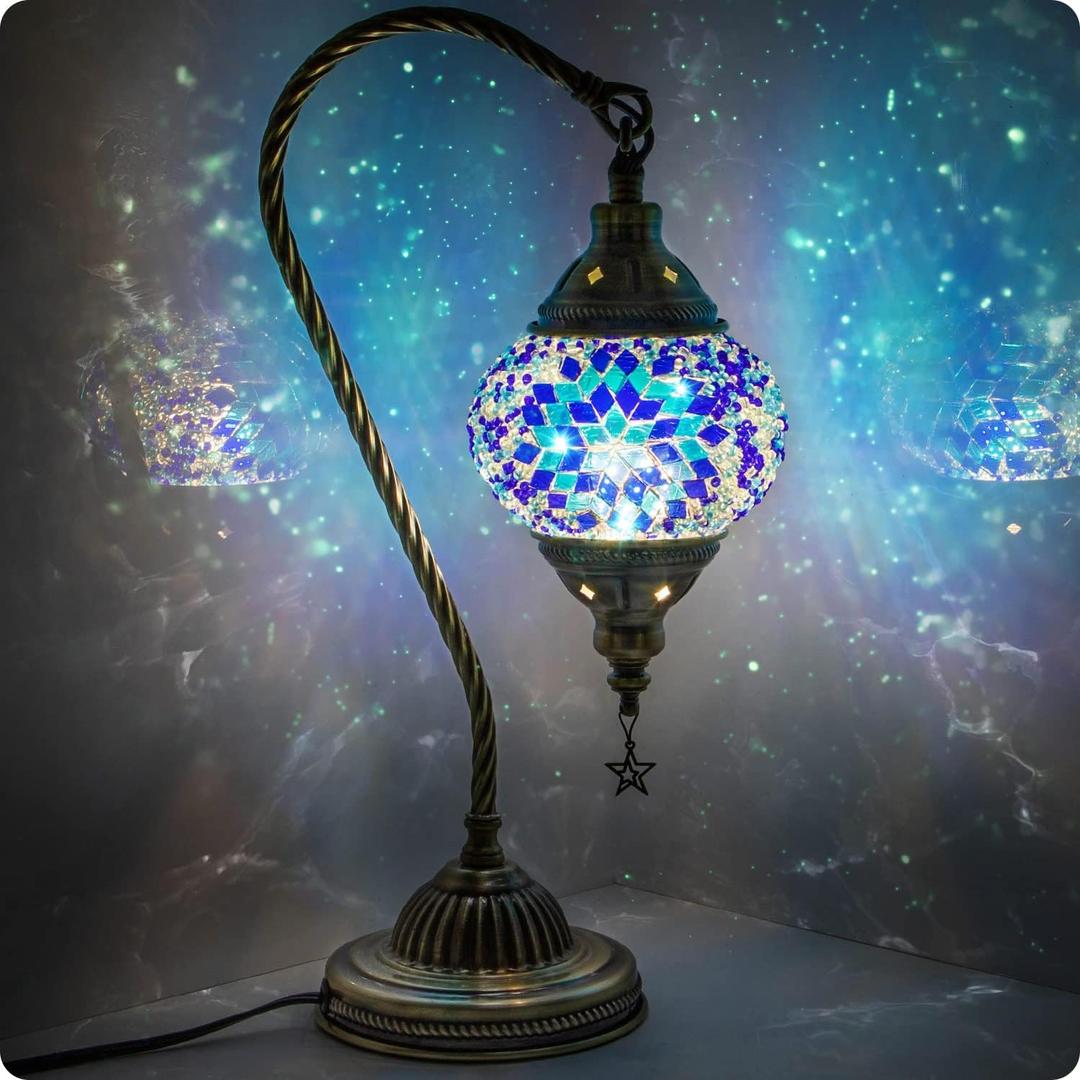 Yarra-Decor Turkish Moroccan Lamp with Bronze Base 3 Color Options Handmade Swan Neck Tiffany Mosaic Glass Bedside Lamps for Bedroom (LED Bulb Included) (Blue2)