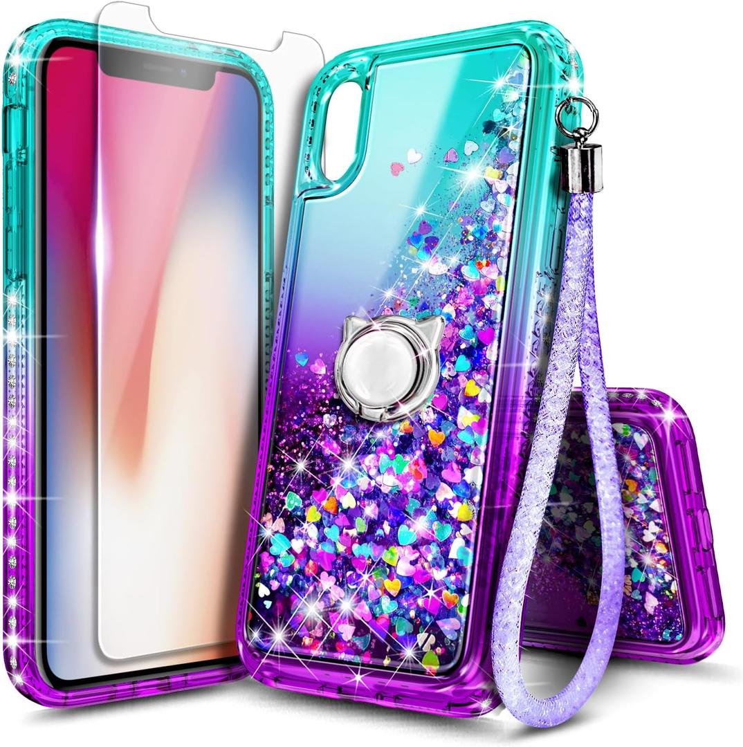 NGB Designed for iPhone X & iPhone Xs Case, Aqua/Purple | Glitter Liquid Sparkle Cute Cover for Women Girls Kids | with Tempered Glass Screen Protector & Ring Holder & Wrist Strap Lanyard