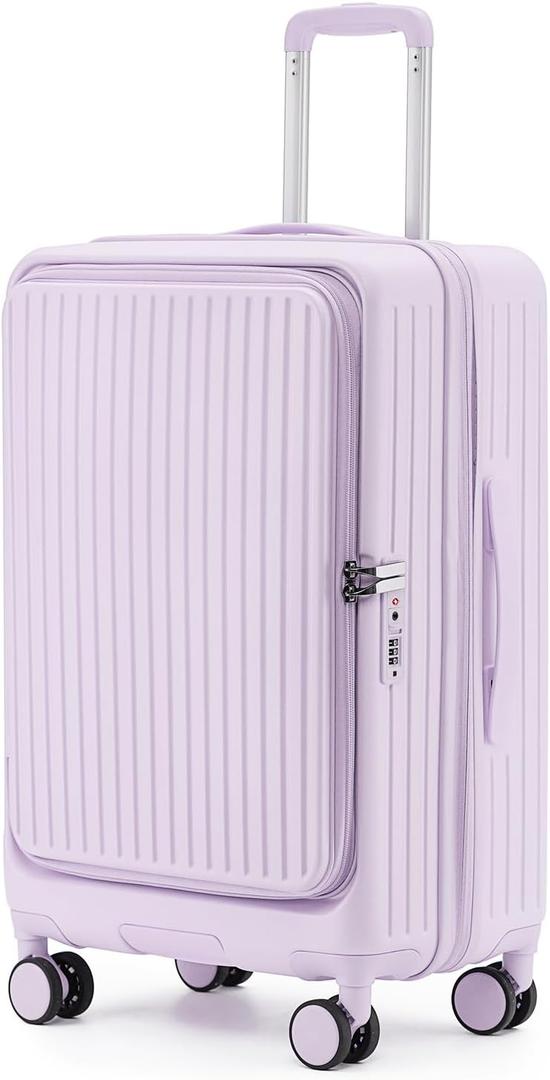 20" Carry-On with Front Pocket, USB Port & TSA Lock | 22x14x9 Airline Approved - PC+ABS hardshell with cup holder, brake wheels, phone stand, Purple