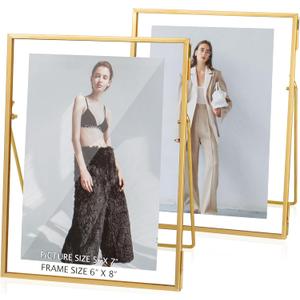 Gold Picture Floating Frame, Set of 2 Pressed Glass Floating Frames, 6 x 8 Standing Gold Picture Frame for 5x7, 4x6, 3x5 Photo Tabletop Display