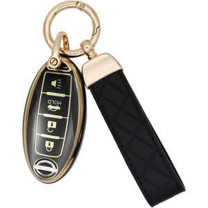 SUNCARACCL for Nissan Key Fob Cover with Leather Keychain, Soft TPU Full Cover Protection Key Case for Altima Maxima Rogue Armada Pathfinder Smart Key(Black)