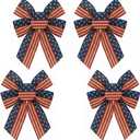 4pcs Patriotic Star Wreath Bows, Red Linen Blue Stripe Burlap Bows for 4th of July, Labor Day, Memorial Day, Veterans Day, Door & Window Decor