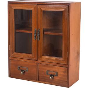 Rustic Vintage Mini Pine Counter Top Cabinet - 12" L x 4.7" W x 14" H with 2 Doors & 2 Drawers, Antique Apothecary Spice Cabinet for Kitchen, Bathroom, Office Organization & Storage(Brown)