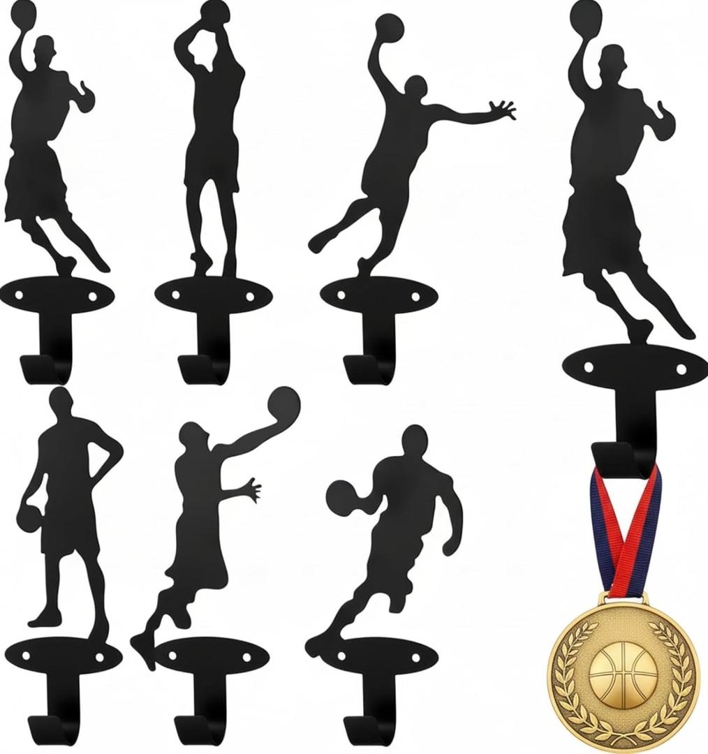 Zonon 6 Set Basketball Medal Hanger Display Holder Wall Mount Basketball Players Dunk Silhouette Coat Hooks with Screws Medal Display Rack Iron Race Ribbon Award Organizer Gift for Athletes Christmas
