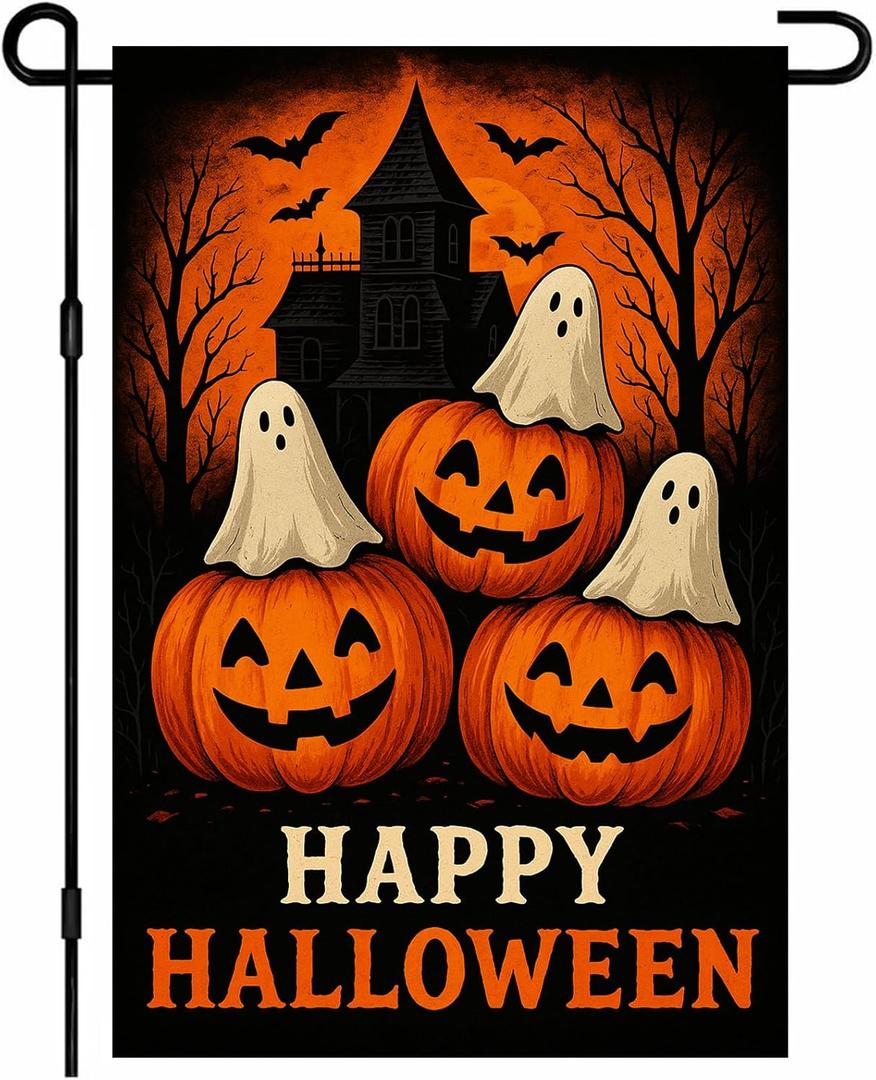 Halloween Garden Flag With Three Spooky Ghosts And Stacked Jack O Lantern Pumpkins Of Haunted House Flags Outdoor Yard Decor 12x18 Inch Double Sided Seasonal Flags Front Porch Lawn Decor