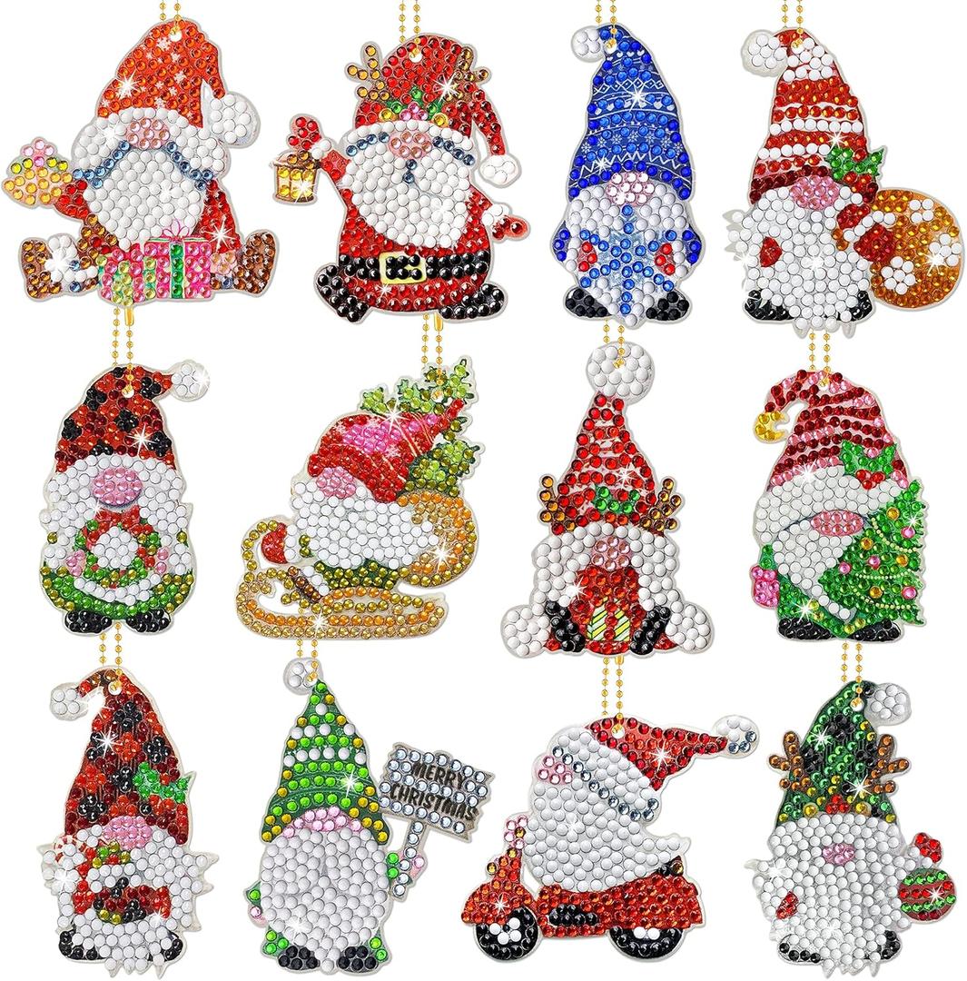 Christmas Diamond Painting Keychain Kit, 5D DIY Diamond Painting Art Santa Gnomes Hanging Ornament Full Drill Diamond Key Rings Pendant for Beginners Kids Adults Christmas Tree Home Decorations