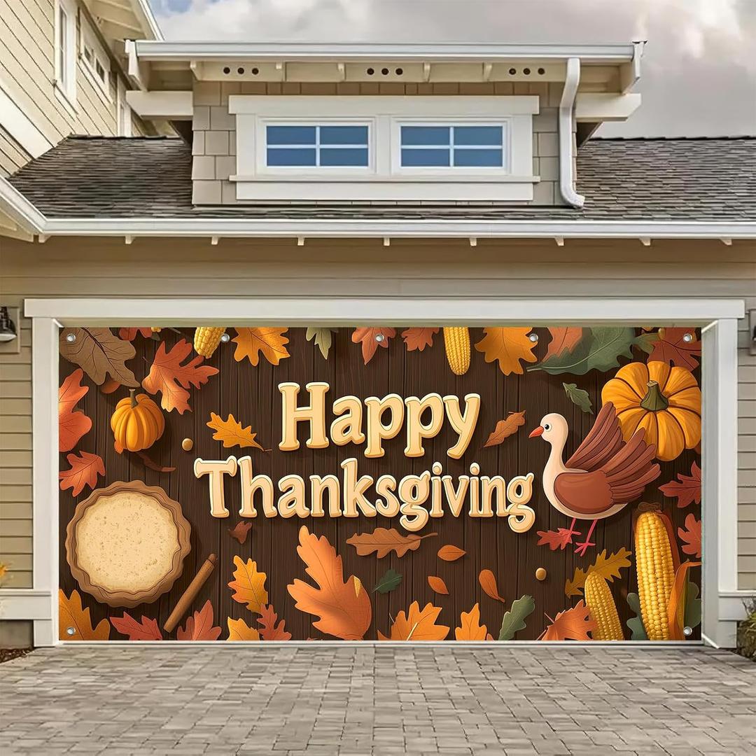 Thanksgiving Garage Door Banner 13x6ft Happy Thanksgiving Turkey Pie Cartoon Backdrop Banners for Outside Indoor Fall Door Cover Garage Wall Covering for Party Garage Decorations