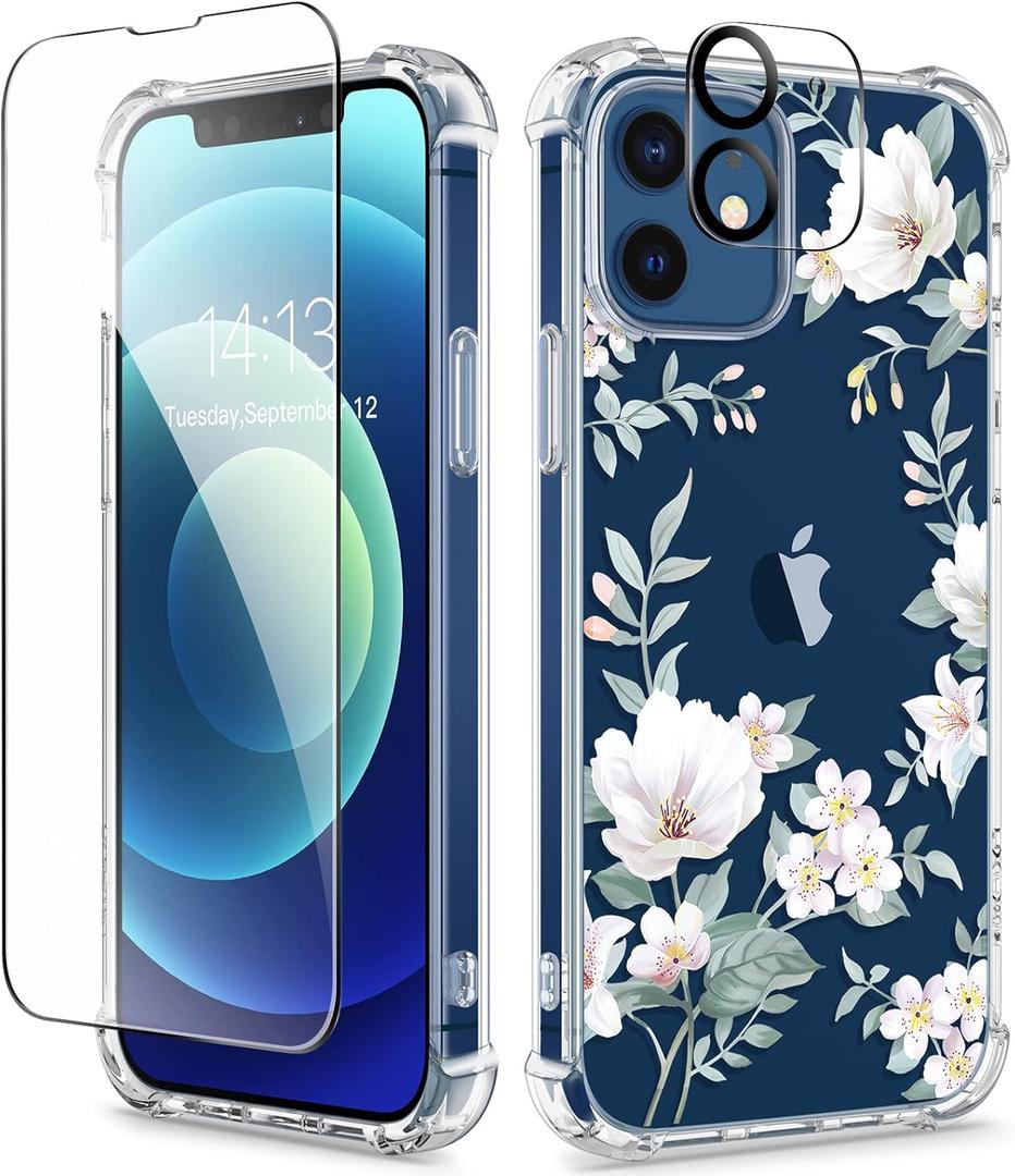 GVIEWIN for iPhone 12 Case and iPhone 12 Pro Case, Clear Flexible TPU Shockproof Cover Women Girls Flower Pattern Phone Case 6.1" 2020 (Magnolia/White)