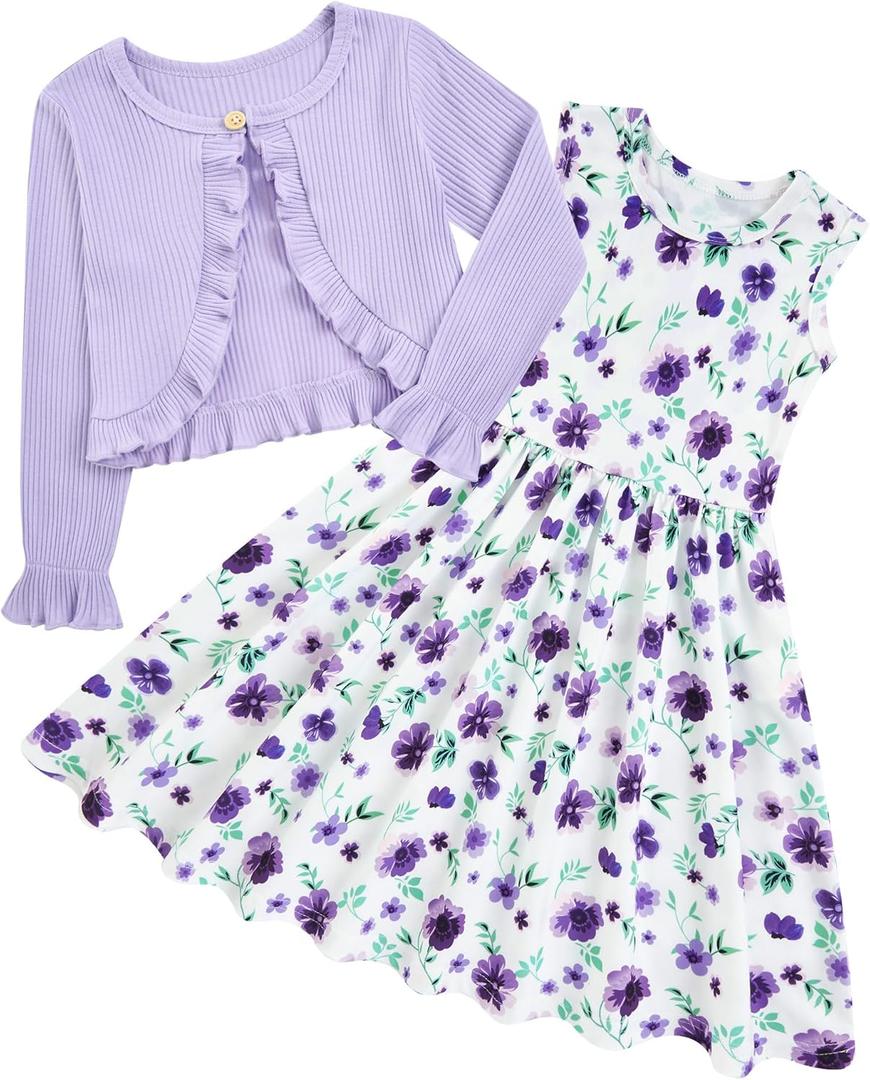 Toddler Girl Sleeveless Dresses and Long Sleeve Ruffle Cardigan 2 Piece Fall Outfits for 2-8T (7-8 Years)