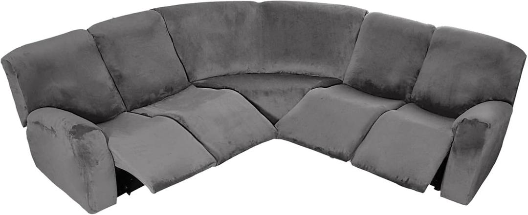 MINGPINHUIUS 7 Piece Velvet Sectional Sofa Covers Recliner Sofa Cover High Stretch Sofa Slipcover Non-Slip Washable Reclining Couch Covers, for Reclining L Shape Sofa (Grey) (5 Seat)
