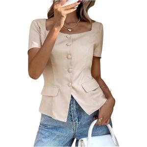 SHENHE Women's Casual Button Down Short Sleeve Square Neck Dress Blouse (Beige) S
