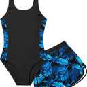 Girls Swimsuit One Piece Swimsuits Color Block Bathing Suit for Girls Adjustable Strap Padded Swimwear with Shorts, 11-12Y 