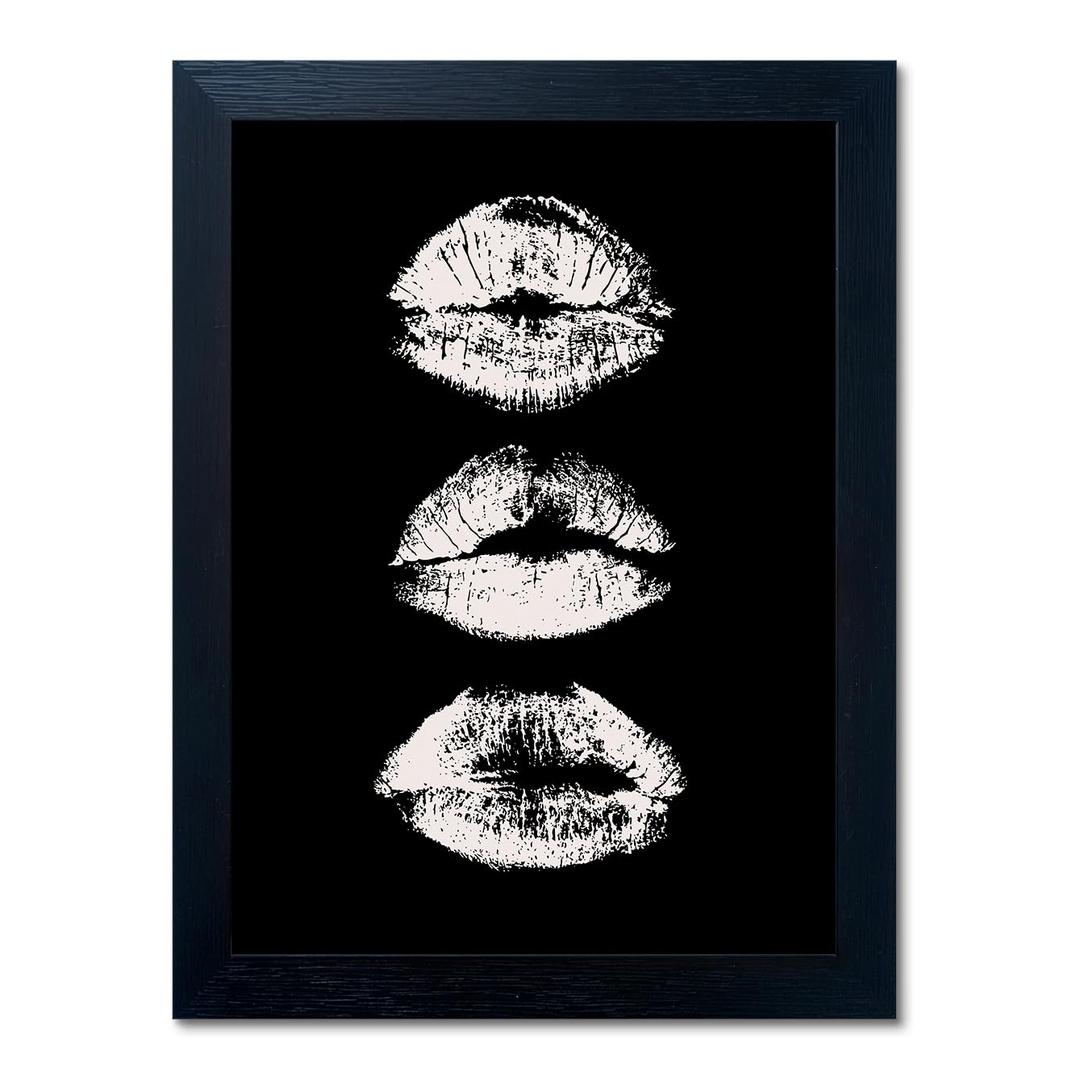Framed Black and White Kiss Lips Canvas Print Girls Bathroom Painting for Wall Woman Makeup Room Decor Fashion Wall Art Trendy Artwork 20"L x 16"W
