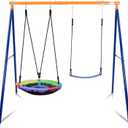 Lunafun Swing Sets for Backyard, 440lbs Swing Set with Heavy-Duty A-Frame Metal Stand, 1 Saucer Swing Seat & 1 Belt Swings Seat