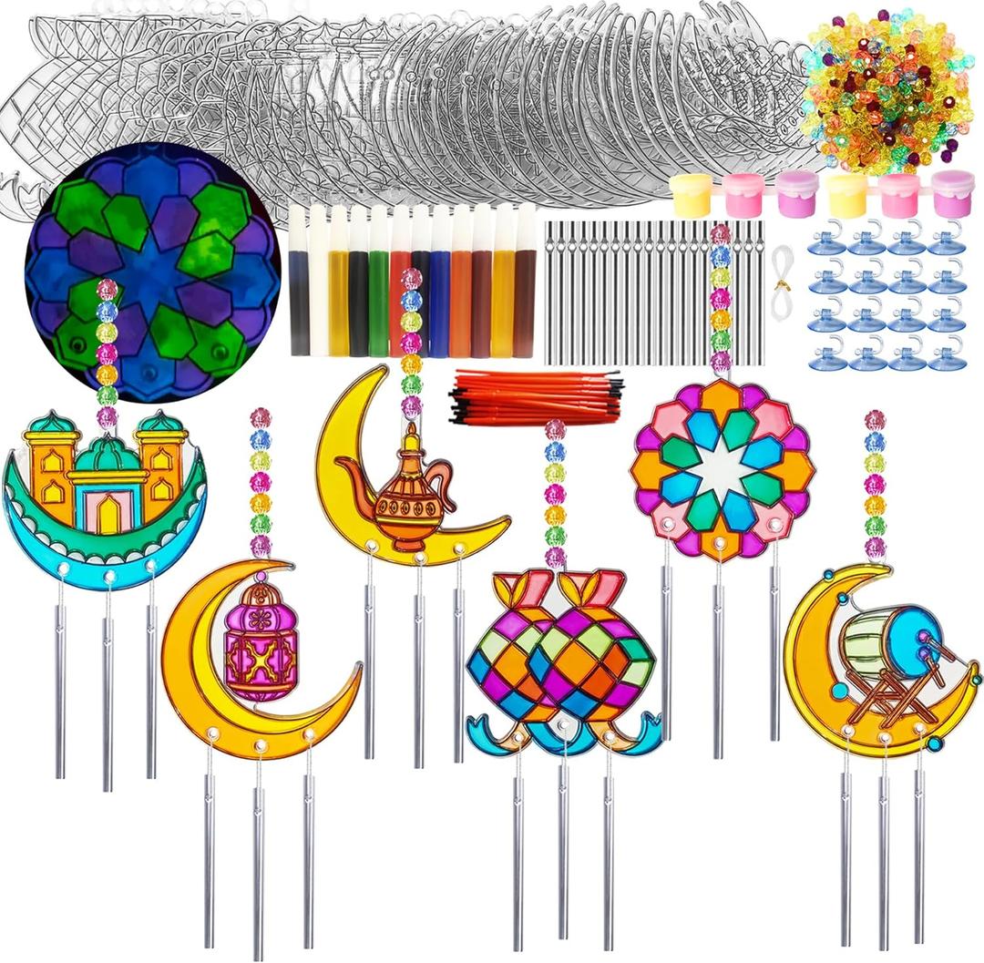 Ayhuhra 30 Sets Ramadan Suncatcher Wind Chime Crafts Kits Eid Al Fitr Sun Catcher DIY Window Art Moon and Star Suncatchers Lantern Mosque Sun-Catcher for Islamic Craft Ramadan Mubarak Decorations