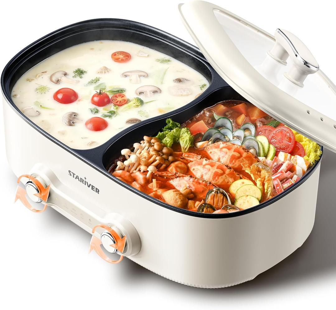 Stariver 7L Electric Hot Pot with Divider, 1200W Electric Pot, 2-Temp Control (Separate Settings per Side) Shabu Shabu Pot, Non-Stick Hotpot Pot Electric, Perfect for Family Dinners & Parties