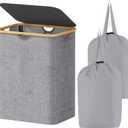 Lifewit 120L Laundry Basket with Lid, Clothes Hampers for Laundry with Bamboo Handles and A Removable Laundry Bag, Large Foldable Laundry Hamper for Bedroom, Bathroom, Dorm, Laundry Room, Light Gray