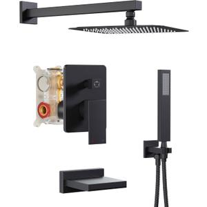 Black Shower System with Tub Spout, All Metal Tub Shower Faucet Set with 10" Rain Shower Head and Handheld Spray combo, Wall Mounted Tub Shower Systems with Valve and Trim Kit, Matte Black