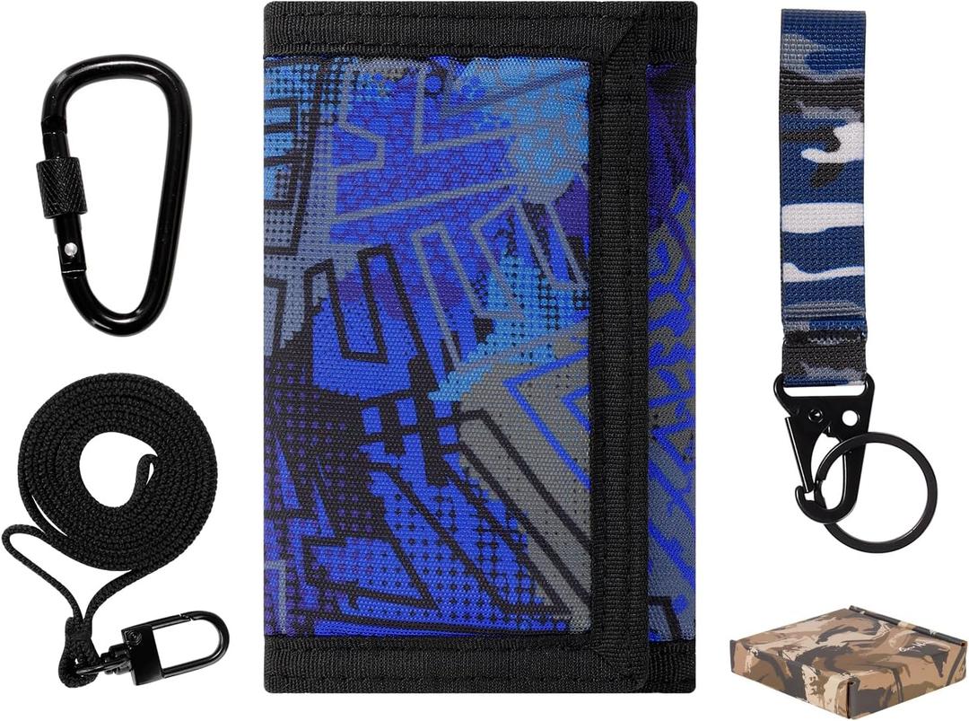 Choco Mocha Boys Wallet for Kids, Wallet for Teen Boys with Lanyard Gift Box Geometry Trifold Wallets with Coin Zipper Teen Boy Gift - Birthday Gift for 8 9 10 11 12 13 14 Year old Boy, Blue