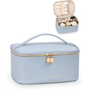 Prite Makeup Bag, Large Capacity Portable Travel Cosmetic Bag, Waterproof Makeup Organizer for Women with Handle and Divider (001 Blue)