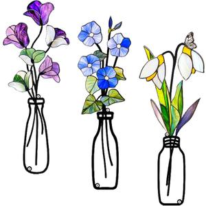 Fanjashn 3 Pcs Metal Flowers Wall Arts, Floral Art Wall Decor, Minimalist Flower Wall Decor for Living Room, Bathroom, Bedroom, Kitchen and Dining Room (Purple+Blue+White)