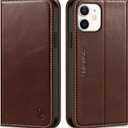 SHIELDON Case for iPhone 12 6.1", Genuine Leather Wallet Magnetic Book Protection Cover, Kickstand RFID Blocking Credit Card Holder Compatible with iPhone 12/12 Pro - Retro Coffee