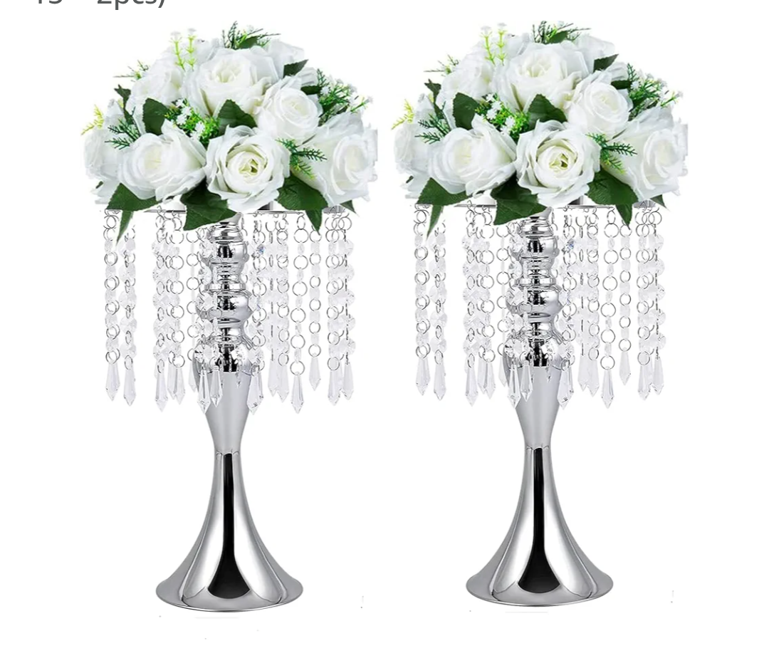Metal Wedding Centerpieces for Table, Crystal Flower Stands, Wedding Road Lead Flower Holders, Crystal Mermaid Chandelier Flower Vases for Birthday Party Event Wedding Home Decor (Silver, 13"- 2pcs)