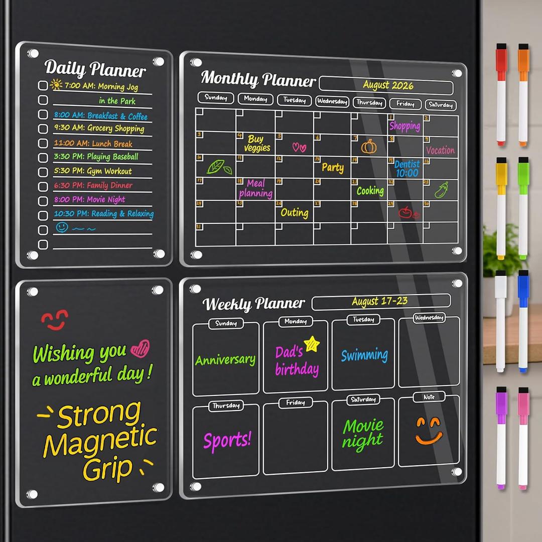 VNDUEEY Acrylic Fridge Calendar, 4 Pack Magnetic Calendars for Refrigerator, Magnetic Dry Erase Board Calendar for Fridge, 2026 Clear Monthly Weekly Daily Memo Planner Boards with 8 Color Markers