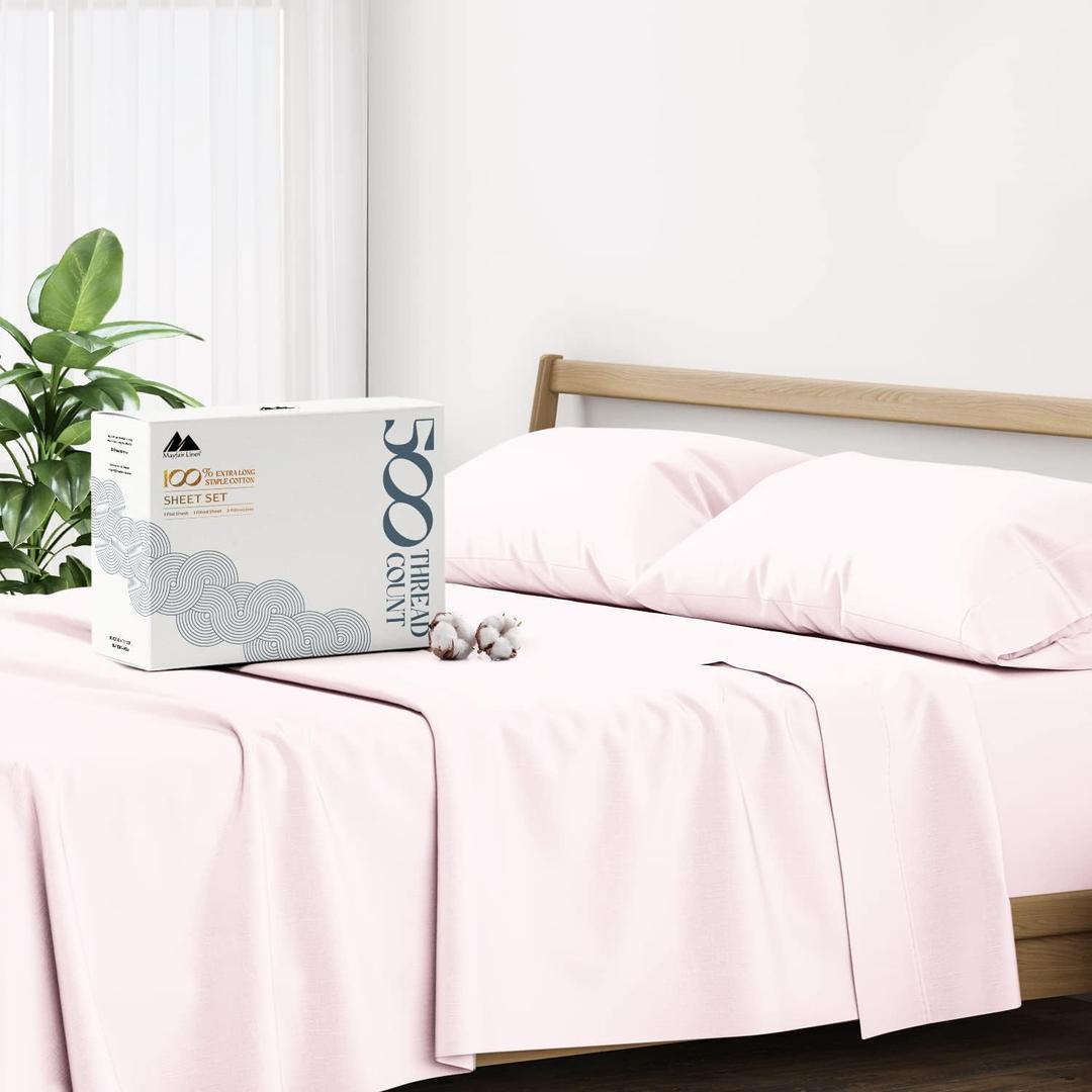Mayfair Linen 500 Thread Count California King Cotton Sheets - 4 PC Cal King Size Bed Sheet Set Cotton (Blush), Cooling, Sateen Weave 16" Deep Pocket Bedsheet for Hot Sleepers (Fits 18" Mattress)