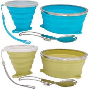 Mess Kit for Camping Silicone Collapsible Bowl Collapsible Cup and Stainless Steel Spoon for Backpacking Outdoor Hiking Traveling and Picnic - 2 Pack (Blue+Green)