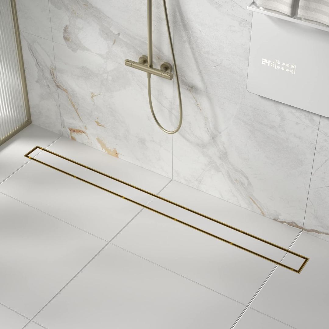 Linear Shower Drain 42", Brushed Floor Drain with Tiled Insert Grate & Hair Strainer, 304 Stainless Steel Bathroom 2-in-1 Tiled in Drain, CUPC Certified (Brushed Gold, 42'')