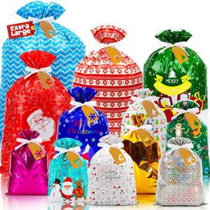 Marspark 50 Pcs Christmas Drawstring Gift Bags Assorted Sizes 44" Reusable Christmas Bags for Gifts Wrapping from Small to Jumbo with Colorful Tags and Ribbon for Present Wrapping Packages