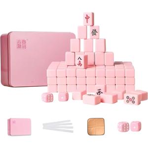 VPH Mini Chinese Mahjong 144 Pieces Aqua Pink Iron Box All Hand Painted