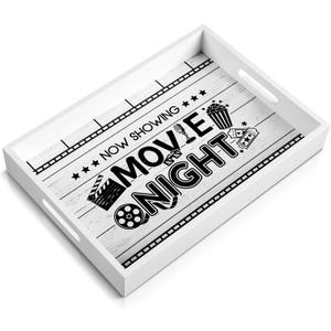 Christmas Movie Night Supplies Snack Trays with Handles Reusable Wooden Gift Basket for Theater Popcorn Bucket Bowl Box Container Family Room Xmas Decor(White,Classic Movie Night)