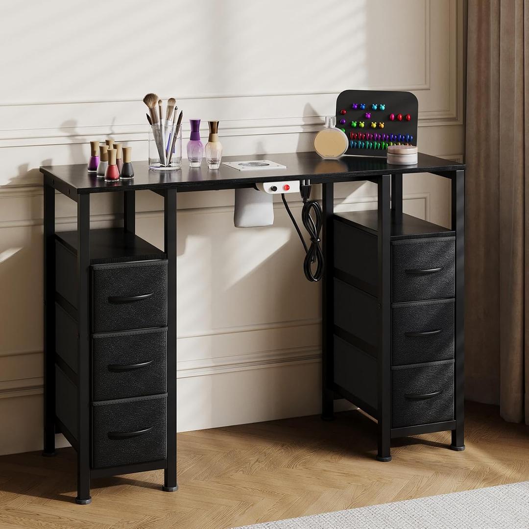 Manicure Table Nail Desk for Nail Tech, Nail Beauty Table w/Electric Dust Collector & 6 Storage Drawers & Open Shelves for Home, Workshop, Makeup Beauty Salon Workstation, 15.74"D x 43.3"W x 31.5"H