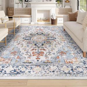 Homcomoda Vintage Area Rug 5x8 Washable Living Room Rug Indoor Non-Slip Print Accent Rugs for Bedroom Distressed Thin Throw Rugs Carpet for Living Room Dining Room Kitchen (4'11" x 7'10" (Rectangular), Ocean Blue)