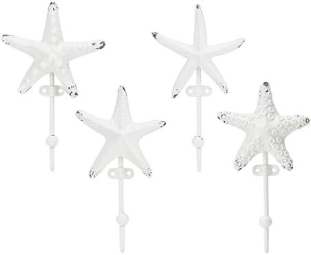 SOFFEE DESIGN Set of 4 Resin White Beach Starfish Coat Hooks, Starfish Retro Friction Process, High Load-Bearing, for Holiday Cottages, Seaside Cottages, Children's Rooms
