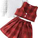 Guodeunh Toddler Girls Christmas Outfits Girls Puff Sleeve Knit Ribbed Tops Button Down Vest Plaid Skirt Set Winter Clothes (Red, 8 Years)