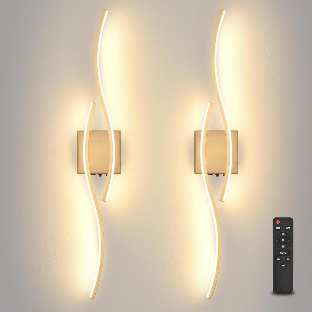 Battery Powered Wall Sconces Set of 2, Gold 31.4" LED Dimmable Wall Sconce with Remote Control/Timer/Memory, USB Rechargeable Wall Lights for Living Room, Bedroom, Hallway Wireless scones Lighting
