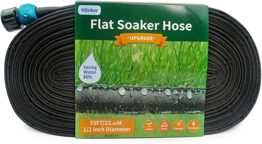 Hlinker Flat Soaker Hose 75 FT for Garden Beds, 75Ft 1/2" Linkable Consistent Drip Irrigation Hose Save 80% Water, Leakproof Heavy Duty Double Layer Sprinkler Hose
