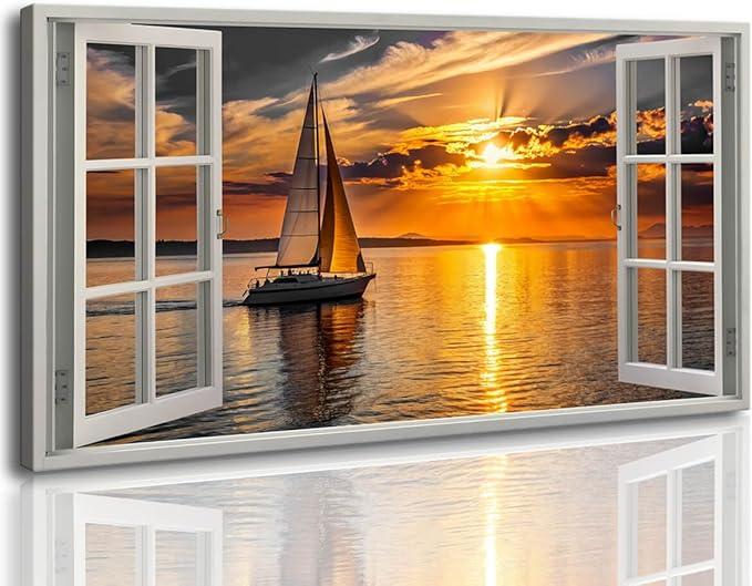 Nautical Wall Art - Large Beach Pictures Sailboat Wall Art Canvas Prints Seascape Living Room Wall Decor Coastal Wall Art Ocean Sunset Themed Wall Art Landscape Bedroom Decoration Stretched 30x60inch