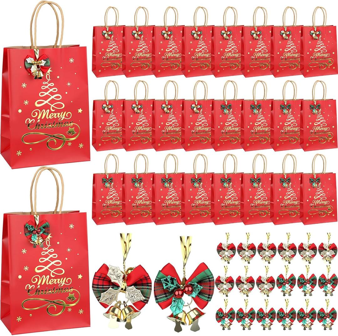 AmazingSpark 24 Set Small Gift Bags for Christmas with Handles Red and Gold Gift Bags Christmas Bow with Bells Bulk Kraft Foil Xmas Tree Holiday Party Favor Supplies 8.26" x 5.9" x 3.1"