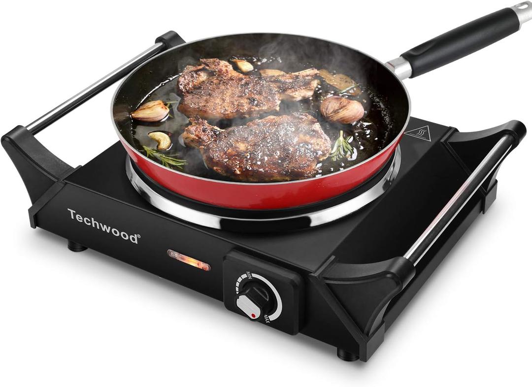 Techwood Hot Plate Portable Electric Stove 1500W Countertop Single Burner with Adjustable Temperature & Stay Cool Handles, 7.3 Cooktop for Dorm Office/Home/Camp, Compatible for All Cookwares